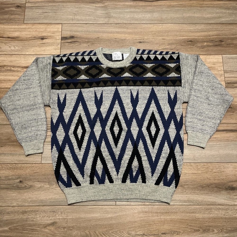 Men's Together! Wool Blend Knit Sweater SZ MEDIUM Multicolor Geometric Retro Dad